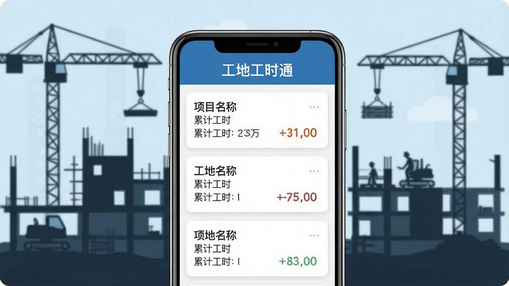 一张“工地工时通”多项目管理界面示意图,画面中手机屏幕显示项目列表,每个项目卡片标注工地名称和累计工时,顶部有“工地工时通”标题,背景为建筑工地剪影,风格扁平化,细节清晰,画质干净,无多余元素