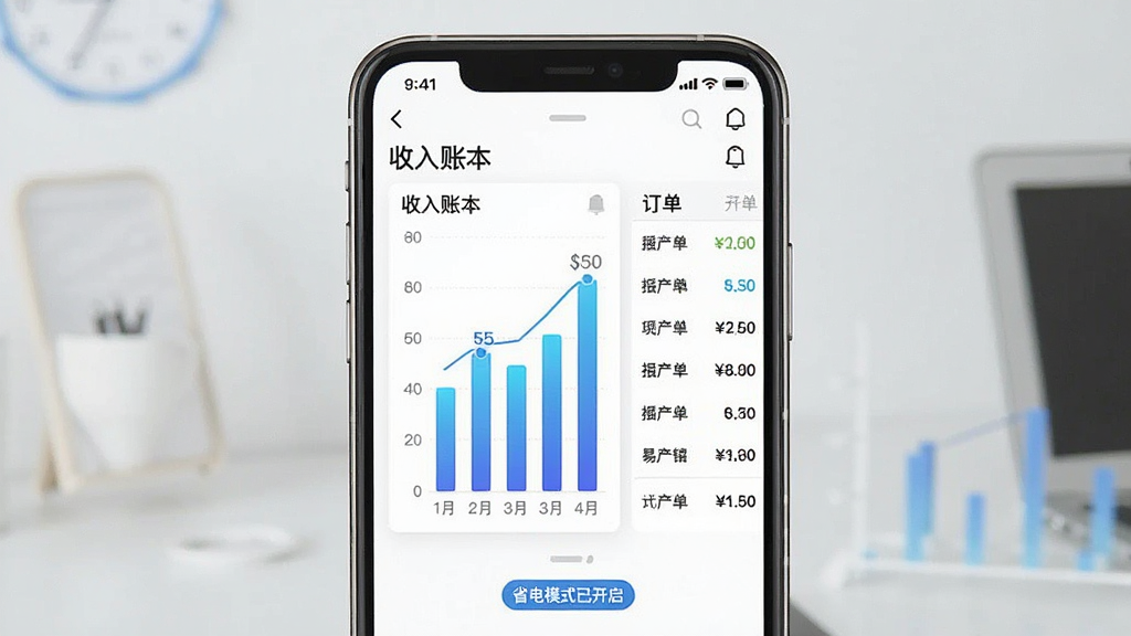 一张展示“易配送”APP收入统计与低功耗特性的详细描述,主体为手机屏幕显示“收入账本”图表,布局上手机居中,排版左侧为柱状图右侧为订单明细列表,风格为清爽数据可视化风格,细节上柱状图用蓝色渐变,屏幕下方有“省电模式已开启”小标签,画质干净,无多余元素