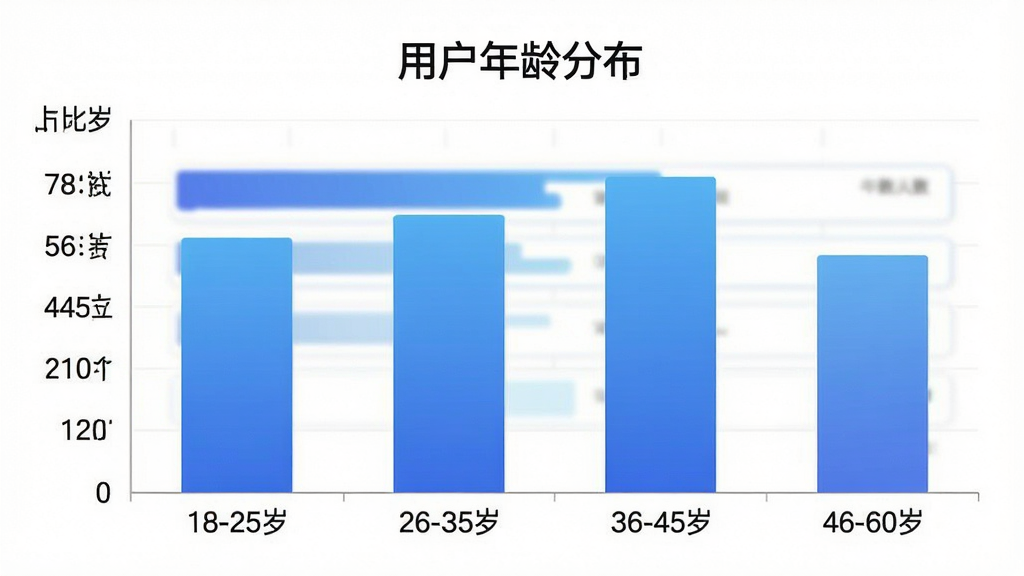 一张展示“易配送”用户年龄分布柱状图的详细描述,主体为数据图表,布局居中,排版为横向柱状图,风格为简洁商务图表风格,细节上柱状条用蓝色渐变,横轴标注“18-25岁”“26-35岁”“36-45岁”“46-60岁”,纵轴为人数占比,图表上方有“用户年龄分布”标题,画质干净,无多余元素