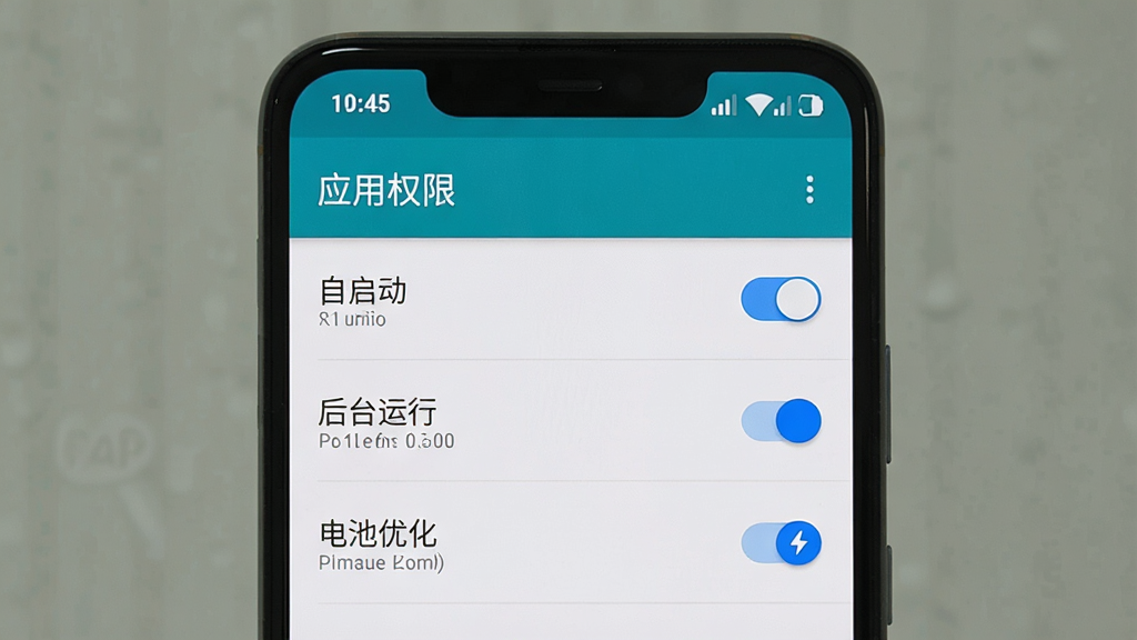 一张展示“易配送”APP权限设置界面的详细描述,主体为手机屏幕显示安卓权限管理列表,布局上手机居中,排版清晰列出“自启动”“后台运行”“电池优化”等开关项,风格为系统设置界面写实风格,细节上开关呈蓝色开启状态,屏幕上方有“应用权限”标题,画质干净,无多余元素