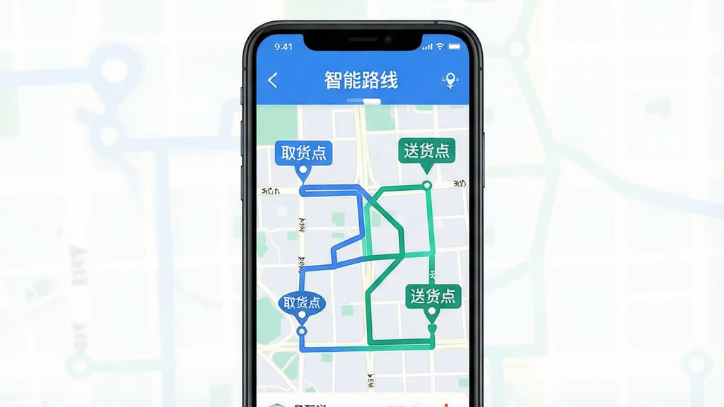 一张展示“易配送”APP路线规划功能的详细描述,主体为手机屏幕内的地图界面,布局上手机居中,排版显示多条彩色路线交织,风格为科技感扁平插画,细节上地图中有“取货点”“送货点”标记,路线用蓝绿双色区分,屏幕上方有“智能路线”字样,画质干净清晰,无多余元素