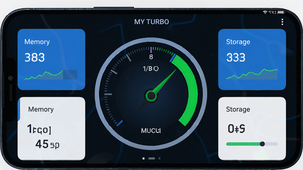 һ��չʾMy TurboӦ����������ֻ���Ļ��ͼ��������������ɫ�������ֻ����棬һ��Բ�εļ����Ǳ���ռ���Ӿ����ģ�ָ��ָ����ɫ������Χ�������ڴ�ռ�úʹ洢�ռ�ļ�����ݿ�Ƭ���������ִ���ƽ����ɫ������Ϊ����׺���̣����ʸɾ��������޶���Ԫ��