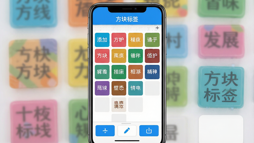 一张展示方块标签软件核心全貌的界面截图,画面中央是手机屏幕,屏幕内显示方块标签应用的主编辑界面,上方有「方块标签」四个字的标题栏,中间是彩色方块标签排列的编辑区域,标签上有文字和色块,底部是工具栏包含添加、编辑、导出按钮,整体风格清爽简洁,蓝白配色为主,画质干净清晰,无多余元素