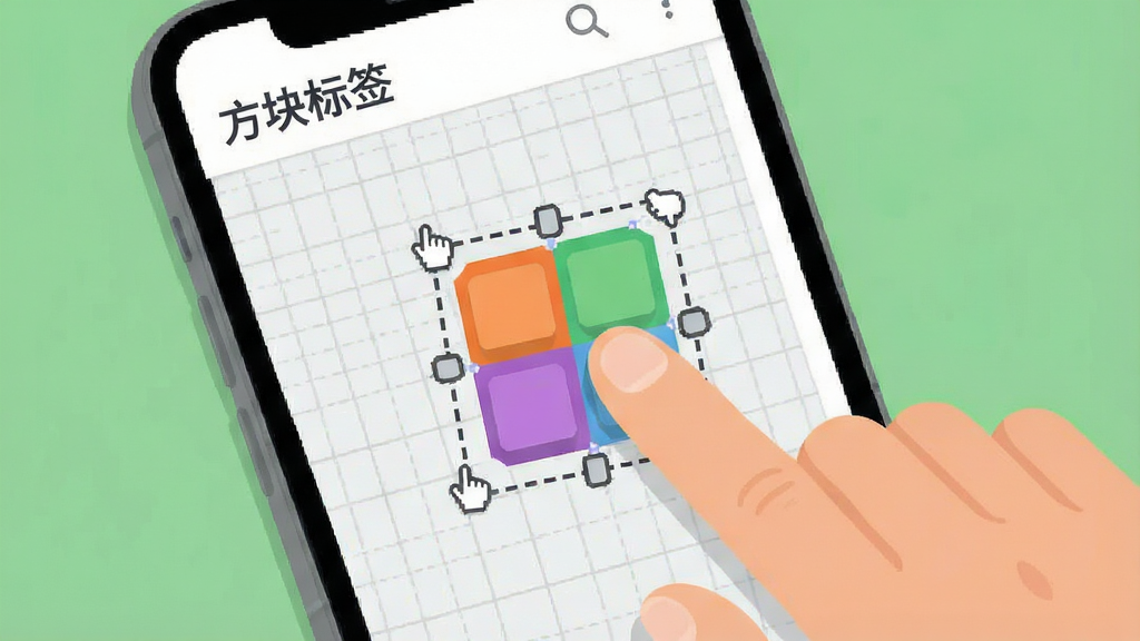 一张展示方块标签编辑界面的示意图,画面中一只手正在手机屏幕上拖动一个彩色方块标签,标签周围有虚线框和拖拽手柄,背景是浅灰色编辑网格,屏幕上显示「方块标签」应用名称,风格扁平化,色彩明快,画质干净,无多余装饰元素