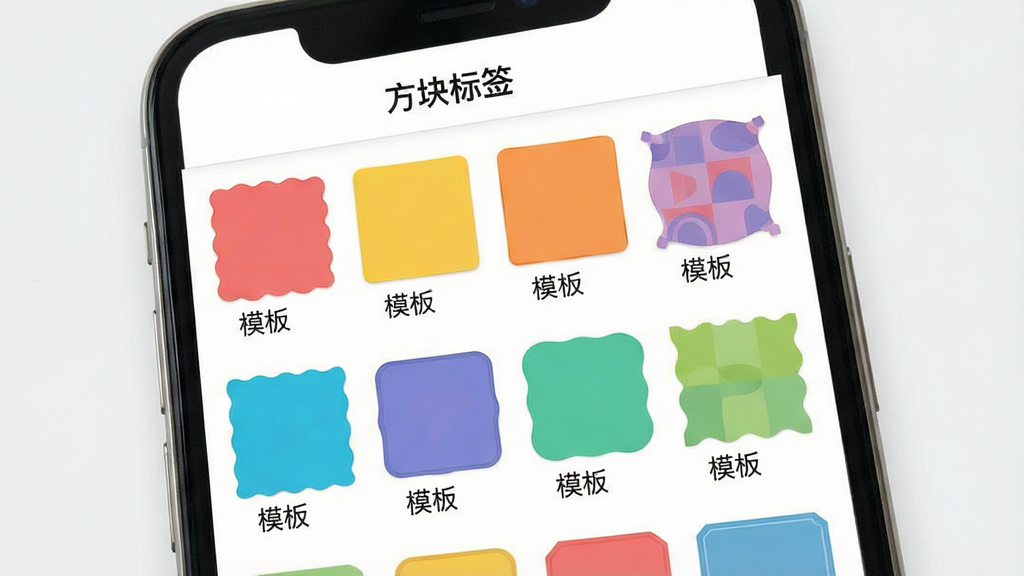 一张展示方块标签模板库界面的图片,画面中手机屏幕上排列着多个不同颜色和样式的方块标签模板缩略图,每个模板下方标注「模板」字样,屏幕顶部显示「方块标签」应用标题,界面布局整齐,风格清新,画质干净,无多余元素