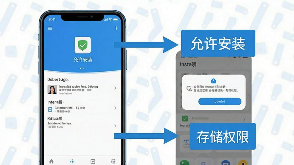 一张展示方块标签在手机上安装和权限设置的步骤示意图,画面中手机屏幕显示安装界面和权限弹窗,旁边有箭头标注「允许安装」和「存储权限」字样,界面风格简洁,蓝白色调,画质干净,无多余元素