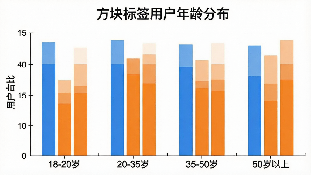 一张展示方块标签用户年龄分布的柱状图,横轴标注「18-20岁」「20-35岁」「35-50岁」「50岁以上」四个年龄段,纵轴标注「用户占比」,柱状图用蓝色和橙色区分,图表上方有「方块标签用户年龄分布」标题,风格简洁清晰,画质干净,无多余元素