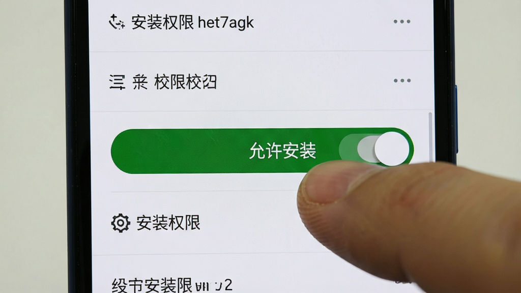 主体是一部安卓手机屏幕显示安装权限设置页面,布局为居中特写,排版上页面中间是高亮的“允许安装”开关按钮、周围是设置选项列表,风格为写实截图风,细节上手指正点击开关、页面文字清晰,画质干净无多余元素