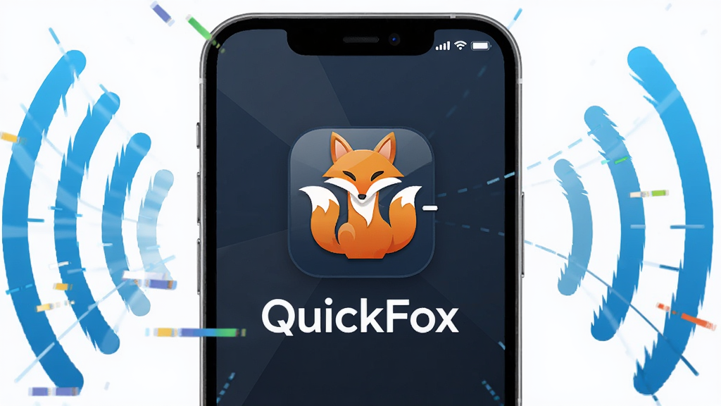 主体是一台智能手机屏幕,屏幕中央显示一只灵动的橙色狐狸图标和“QuickFox”字样,布局采用居中构图,手机周围环绕着代表网络信号的波纹和速度线条,排版简洁明了,风格为现代扁平化科技风,细节上手机边框圆润、图标有轻微光泽感,画质高清干净无多余元素