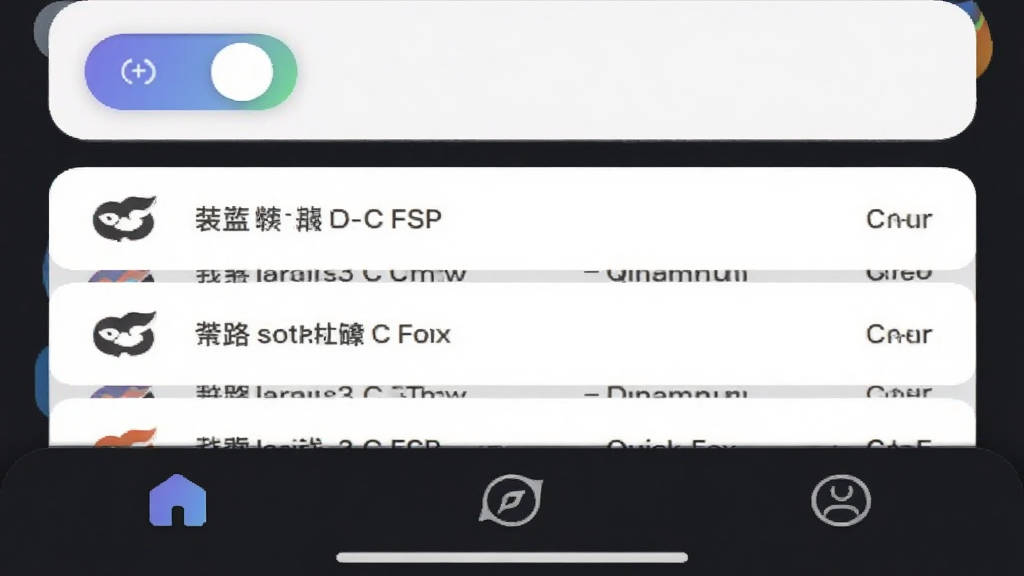 主体是QuickFox应用的主界面特写,布局为上下结构,排版上顶部是连接开关按钮、中部是线路列表卡片、底部是三个导航图标,风格为极简扁平化UI设计,细节上按钮带有微妙的渐变效果、卡片圆角柔和,画质高清干净无多余元素