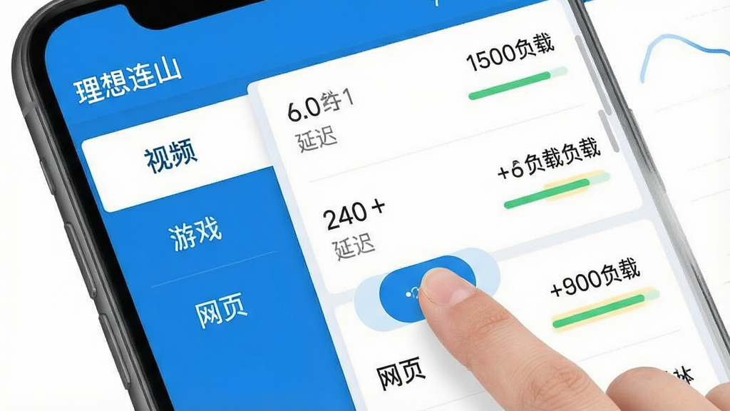 一张展示理想连山多场景线路切换功能的手机界面图,画面中软件名称为“理想连山”,界面左侧是场景分类标签如“视频”“游戏”“网页”,右侧是线路列表,每条线路显示延迟数值和负载状态,用户手指正在点击切换按钮,整体风格扁平化,配色以蓝白为主,细节清晰,画质干净,无多余元素