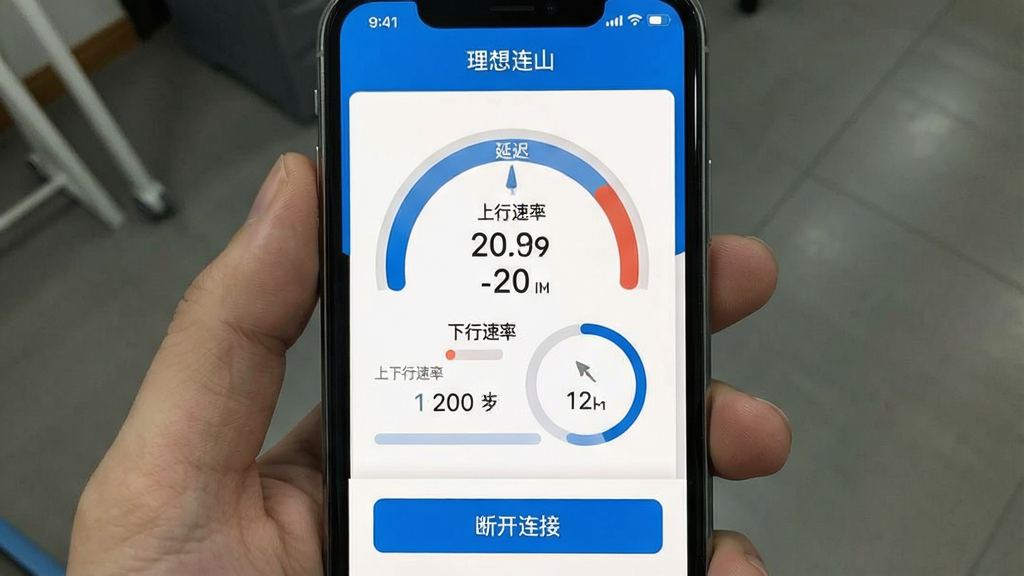一张展示理想连山连接状态实时反馈界面的手机截图,画面顶部显示软件名称“理想连山”,中间区域用仪表盘样式展示当前延迟、上行速率、下行速率和连接时长,数据以数字和环形进度条呈现,底部有断开连接按钮,整体设计简洁直观,蓝白配色,画质干净,无多余元素