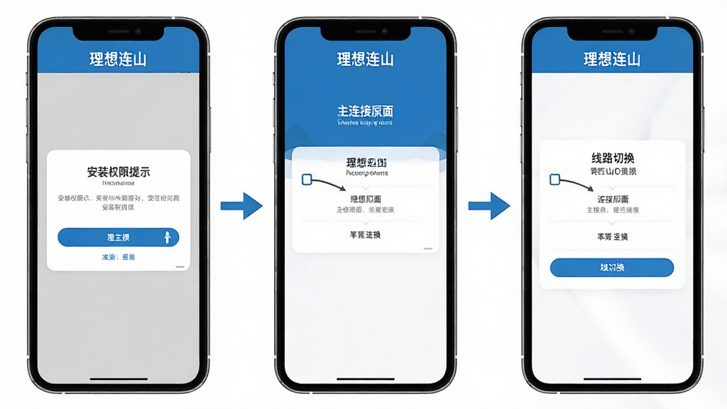一张展示理想连山新手使用步骤的示意图,画面分为三个并排的手机界面,从左到右分别是安装权限提示页、主连接界面、线路切换界面,每个界面顶部标注“理想连山”,用箭头连接三个步骤,风格简洁明了,蓝白配色,画质干净,无多余元素