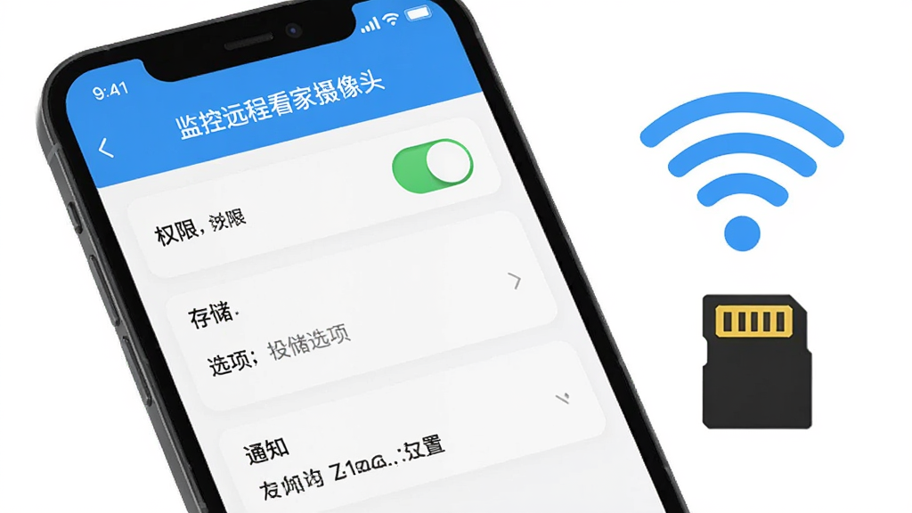 一张手机屏幕显示「监控远程看家摄像头」设置页面的图片,页面上有权限开关、存储选项和通知设置,旁边配一个WiFi信号图标和存储卡图标,布局清晰分块,风格扁平化设计,细节干净,画质明亮