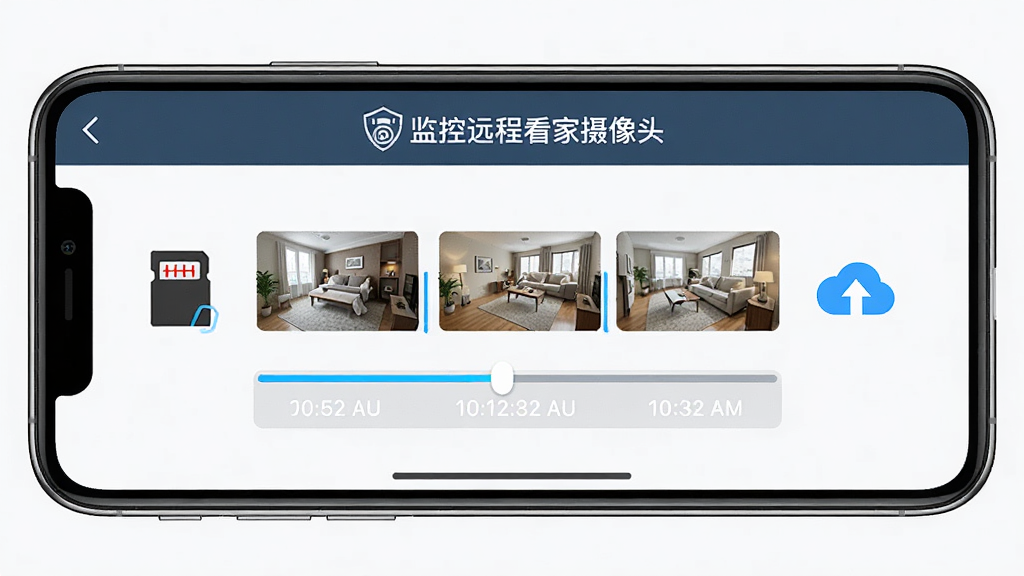 一张展示「监控远程看家摄像头」录像回放界面的手机截图风格图片,屏幕中央是时间轴和视频缩略图,旁边有存储卡图标和云端图标,布局简洁直观,风格科技感但不过度花哨,细节清晰,画质干净