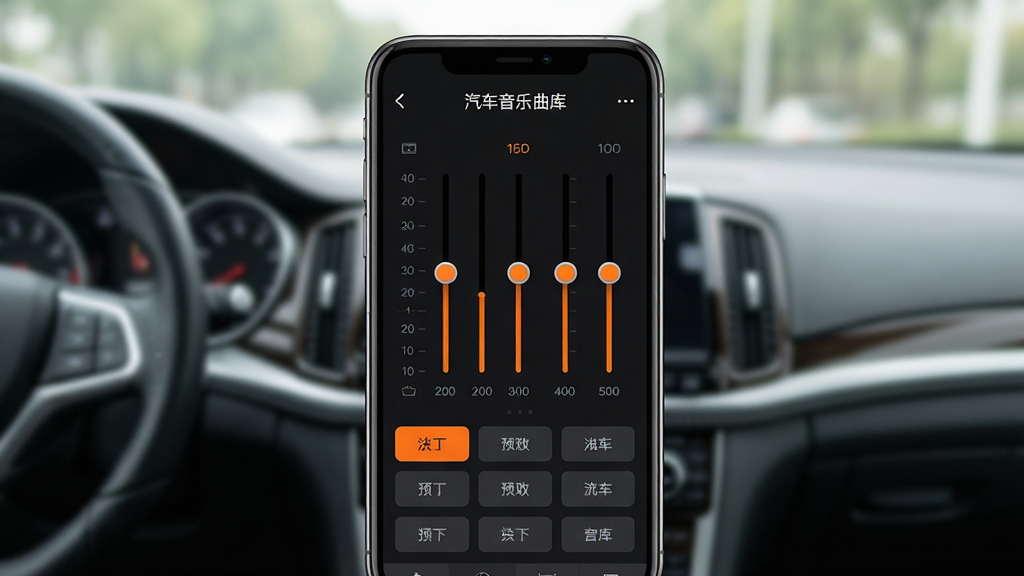 一张展示汽车音乐曲库音效均衡器界面的图片,主体是手机屏幕显示汽车音乐曲库的均衡器调节界面,屏幕中央是频段滑块和预设音效按钮,上方有“汽车音乐曲库”文字,背景是汽车内饰虚化,布局居中对称,排版清晰,风格现代深色模式,细节上滑块有橙色高亮、预设按钮排列整齐,画质干净高清、无多余元素