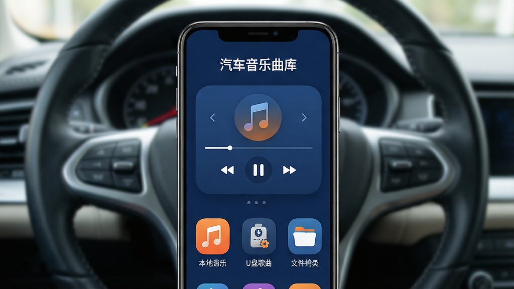 一张展示汽车音乐曲库软件核心全貌的图片,主体是手机屏幕显示汽车音乐曲库APP主界面,界面中央是音乐播放控制区,上方有“汽车音乐曲库”文字标识,下方排列着本地音乐、U盘歌曲、文件夹分类等入口图标,背景是汽车中控台和方向盘虚化场景,布局清晰居中,排版简洁,风格现代扁平化,细节上图标圆润、色彩以深蓝和橙色为主,画质干净高清、无多余元素