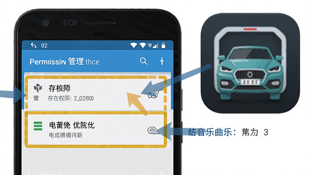 一张展示汽车音乐曲库安装权限设置步骤的图片,主体是安卓手机屏幕显示应用权限管理界面,屏幕上有存储权限和电池优化两个设置项高亮标注,旁边有汽车音乐曲库图标,布局为手机界面特写居中,排版清晰,风格扁平化教程图示,细节上箭头指示操作步骤、文字标签明确,画质干净高清、无多余元素