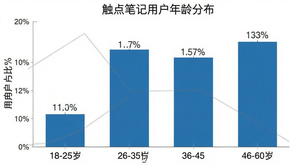 柱状图展示触点笔记用户年龄分布,横轴为年龄段18-25岁、26-35岁、36-45岁、46-60岁,纵轴为用户占比百分比,柱体为蓝色,数据标签清晰,背景白色,图表简洁干净