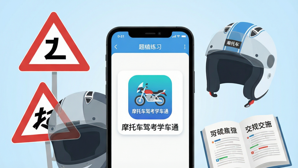 画面中央是一部智能手机,屏幕上显示着“摩托车驾考学车通”的APP图标和整洁的题库练习界面,手机周围环绕着摩托车头盔、交通标志牌和一本翻开的交规书,背景是柔和的浅蓝色渐变,风格清新扁平化,细节干净利落,画质清晰明亮,无多余元素