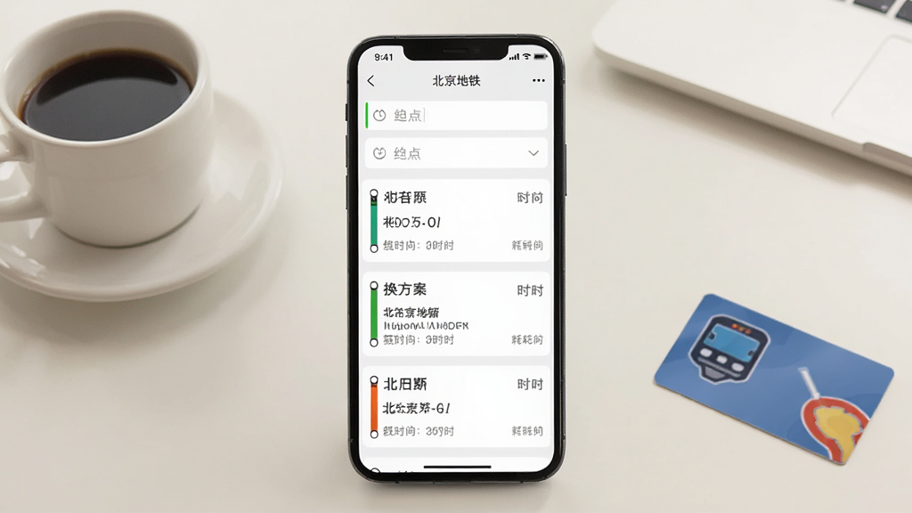 手机屏幕展示“北京地铁”App换乘查询结果页面,画面中手机居中,屏幕内呈现起点终点输入框和三条换乘方案列表,每条方案带有线路颜色条和耗时标注,背景为浅色办公桌面,旁边放着一杯咖啡和交通卡,风格简洁商务,画质清晰干净