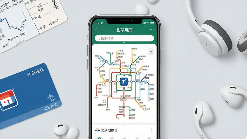 一张手机屏幕展示“北京地铁”App主界面的场景图,画面中央是手机,屏幕内显示北京地铁线路网络图和站点搜索框,顶部有“北京地铁”文字标识,背景是浅灰色简约桌面,手机周围点缀地铁票卡和耳机,风格现代扁平,细节清晰,画质干净无多余元素