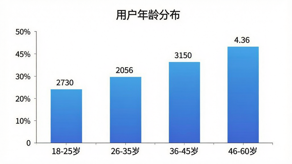 一张柱状图展示“北京地铁”用户年龄分布,横轴为年龄段“18-25岁”“26-35岁”“36-45岁”“46-60岁”,纵轴为用户占比,柱体为蓝色渐变,图表标题为“用户年龄分布”,背景白色简洁,数据标签清晰,风格商务扁平,画质干净