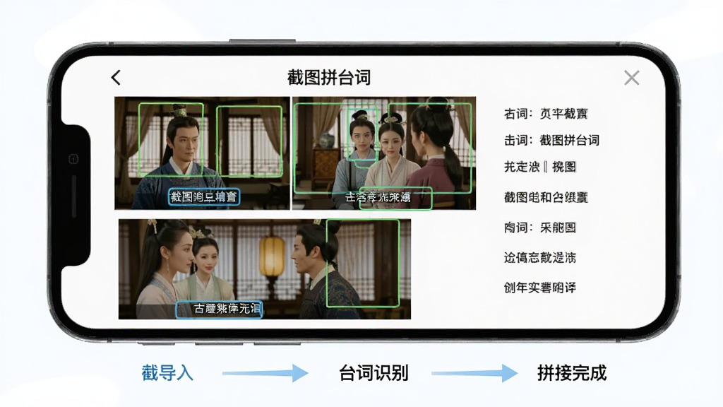 一部手机屏幕中展示“截图拼台词”应用正在处理三张古装剧截图,截图中带有字幕文字,应用界面用高亮框标出识别到的字幕区域,旁边显示提取出的台词文字列表,手机周围有简洁的流程箭头示意从截图导入到台词识别再到拼接完成的过程,整体风格为扁平化插画,配色清新,画质干净,无杂乱元素