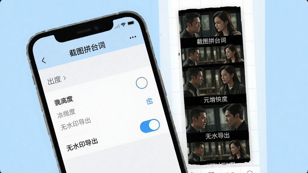 手机屏幕显示“截图拼台词”应用的导出设置界面,画面中有清晰度选项和“无水印导出”的开关标识,背景是相册中一张拼接完成的影视台词长图缩略图,整体布局简洁,风格扁平现代,配色以白色和浅蓝色为主,画质干净锐利,无多余元素