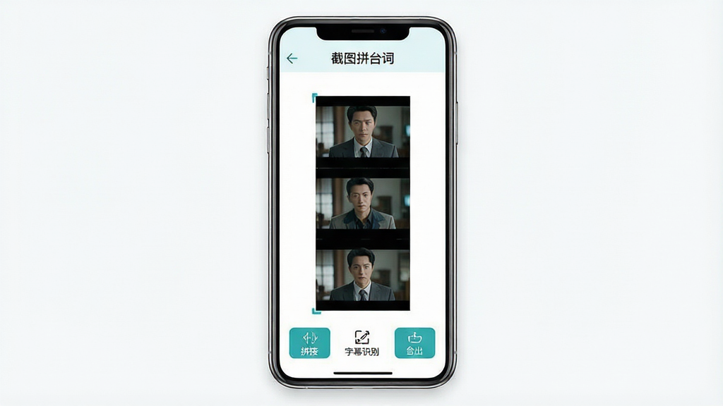 一张展示手机应用界面的产品全貌图,画面中央是一部竖向摆放的智能手机,屏幕内显示“截图拼台词”应用的主操作界面,界面布局为上中下三段式,顶部是软件名称“截图拼台词”的文字标识,中部是截图拼接预览区域展示三张影视截图纵向排列拼接成一张长图的效果,底部是功能按钮区包含拼接、字幕识别、导出等图标,整体风格清爽扁平化,配色以白底配蓝绿色点缀,细节干净利落,画质清晰明亮,无多余装饰元素