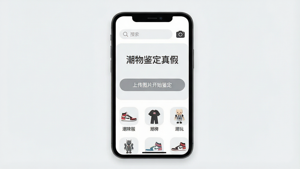 一张展示手机应用界面的图片,画面中央是一部智能手机,屏幕上显示“潮物鉴定真假”软件的首页,界面以白色和浅灰色为主,顶部有搜索框和相机图标,中间是“上传图片开始鉴定”的按钮,下方排列着球鞋、潮牌服饰、潮玩手办等分类图标,布局简洁清爽,风格现代扁平化,细节圆润,画质干净清晰,无多余元素