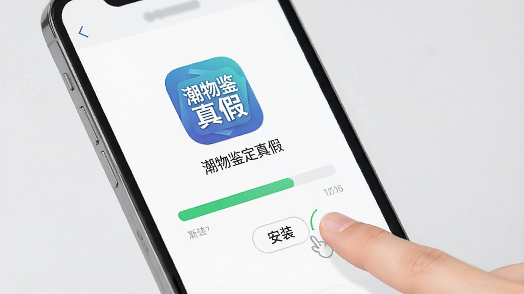 一张展示手机安装应用过程的图片,画面中手机屏幕上显示安装进度条和“潮物鉴定真假”应用图标,旁边有手指点击“安装”按钮的动作示意,背景为浅灰色,整体风格简洁明了,画质干净清晰,无多余元素