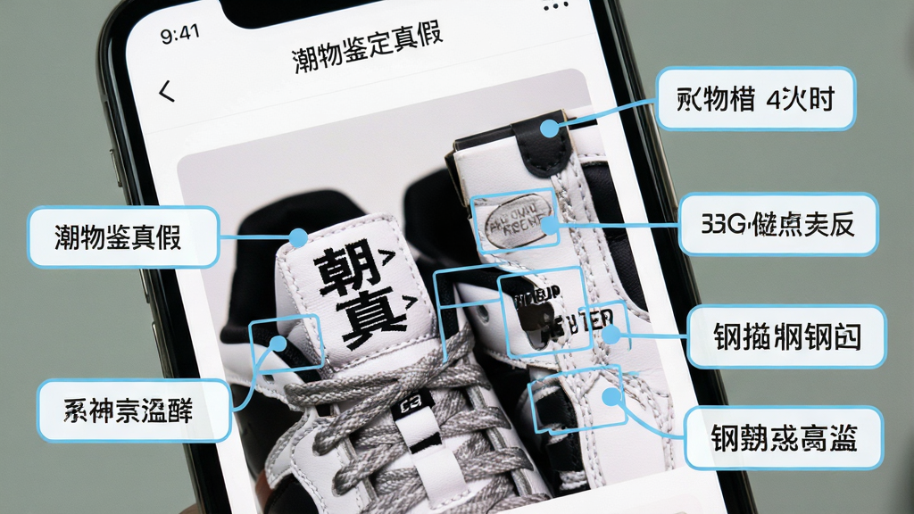 一张展示“潮物鉴定真假”软件鉴别页面的图片,画面中手机屏幕上显示一双球鞋的局部特写照片,旁边有多个标注框指向鞋标、走线、鞋盒钢印等位置,每个标注框旁配有简短文字说明,界面以白色为底,标注框用浅蓝色线条和圆角矩形呈现,风格清晰直观,画质干净无杂乱元素