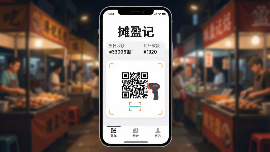 一张手机应用界面展示图,画面中央是手机屏幕,屏幕内显示摊盈记APP主界面,顶部大字标题“摊盈记”,下方显示当日收款总额和笔数,中间是收款二维码和扫码枪图标,底部为账单、统计和我的三个选项卡,背景是夜市摊位场景虚化处理,风格现代扁平,细节圆润,画质干净清晰,无多余元素