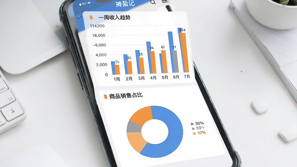 一张手机界面展示图,手机屏幕显示摊盈记数据统计页面,屏幕上半部分是柱状图展示一周收入趋势,下半部分是饼图展示商品销售占比,图表颜色以蓝色和橙色为主,背景是简洁的桌面,风格现代扁平,画质干净,无多余元素