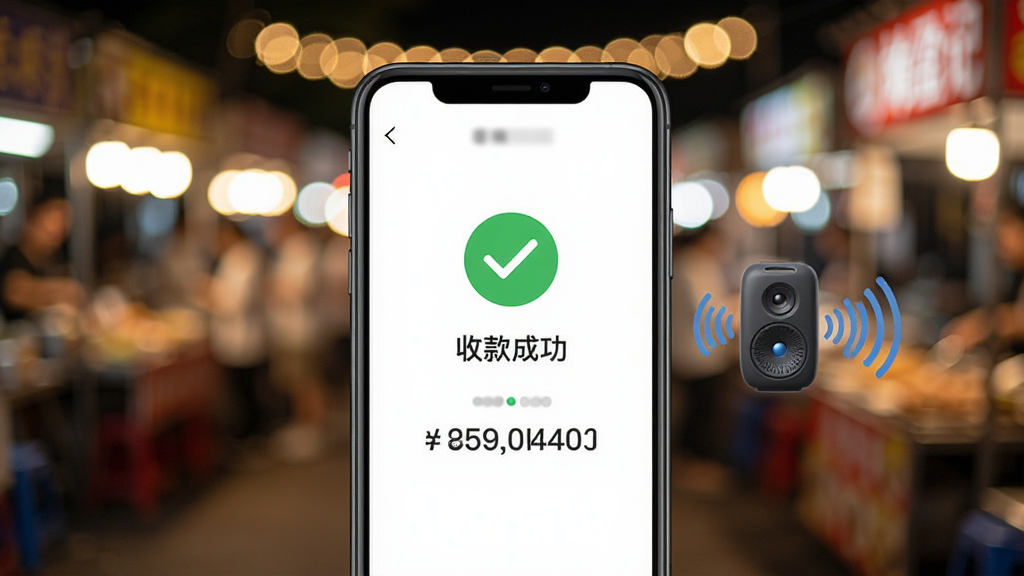 一张手机界面展示图,画面中手机屏幕显示摊盈记收款成功页面,屏幕中央有绿色对勾图标和“收款成功”字样,下方显示金额数字,手机旁边有一个蓝牙音箱图标和声波纹理,背景是夜市灯光虚化,风格简洁现代,画质干净,无多余元素