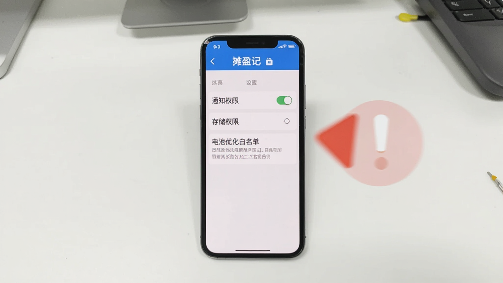 一张手机界面展示图,手机屏幕显示摊盈记设置页面,页面中包含通知权限开关、存储权限选项、电池优化白名单入口等设置项,屏幕旁边有一个红色感叹号图标提示注意权限设置,背景是简洁的桌面,风格清晰实用,画质干净,无多余元素
