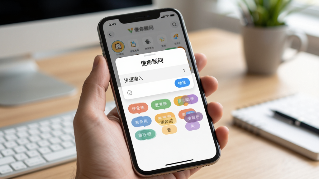 使命顾问软件内快速记录与标签功能的场景图,画面展示一只手拿着手机,手机屏幕上显示“使命顾问”的快速输入弹窗和下方五颜六色的标签选择按钮,背景为虚化的办公桌面环境,风格为写实生活化,细节光影自然,画质干净明亮