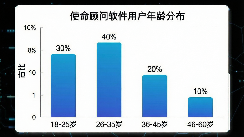 一张柱状图,展示使命顾问软件用户年龄分布,横轴标注“18-25岁”“26-35岁”“36-45岁”“46-60岁”,纵轴标注“占比”,柱子高度分别显示约“30%”“40%”“20%”“10%”,柱体为渐变的科技蓝色,背景为白色,风格为简洁数据可视化图表,文字标签清晰可读,画质干净利落