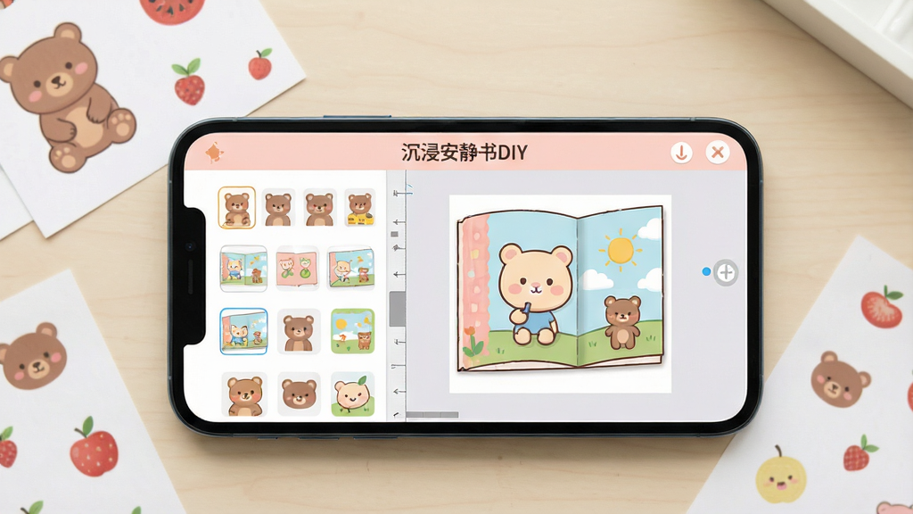 一张展示沉浸安静书DIY软件主界面的手机截图风格图片,画面中央是手机屏幕,屏幕里显示着色彩柔和的安静书制作界面,左侧是素材库缩略图栏,右侧是编辑画布,画布上有一个卡通风格的安静书页面半成品,顶部有软件名称“沉浸安静书DIY”字样,背景是干净的浅色桌面,旁边散落着几张小熊、水果图案的打印纸,整体风格温馨可爱,画质清晰干净,无多余元素