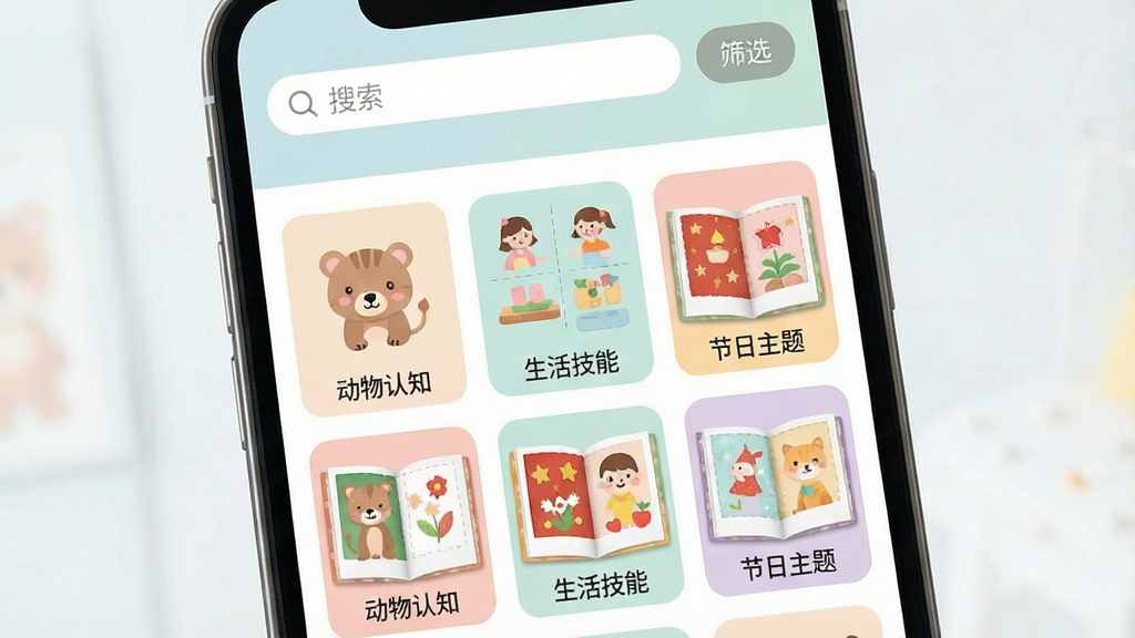 一张展示沉浸安静书DIY模板库界面的图片,画面主体是手机屏幕特写,屏幕里呈现网格状排列的安静书模板缩略图,每个缩略图下方标注着“动物认知”“生活技能”“节日主题”等分类标签,屏幕上方有搜索框和筛选按钮,整体布局整齐清爽,配色以柔和的马卡龙色系为主,风格活泼童趣,细节清晰,画质干净无多余元素