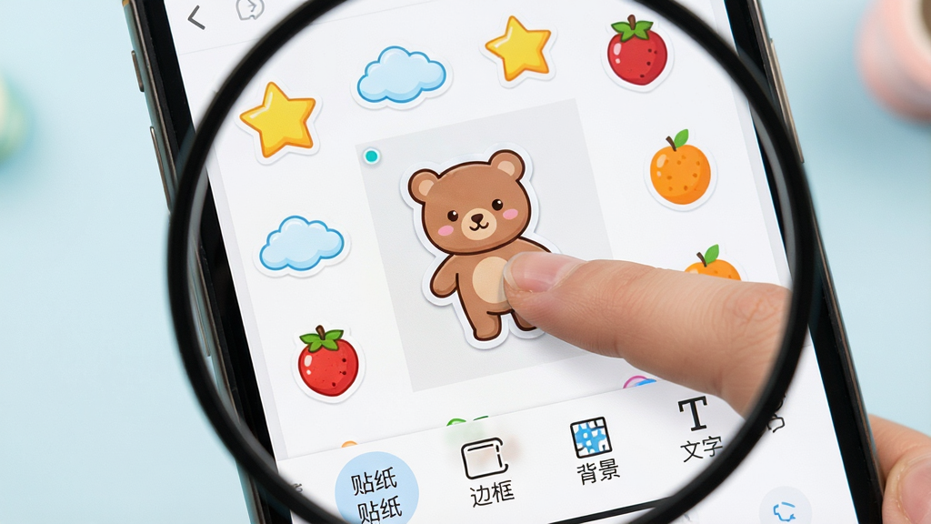 一张展示沉浸安静书DIY素材编辑界面的图片,画面是手机屏幕放大图,屏幕中央是一个安静书编辑画布,画布上有一只卡通小熊贴纸正在被手指拖动,周围散落着星星、云朵、水果等未放置的素材图标,底部工具栏显示着“贴纸”“边框”“背景”“文字”四个选项按钮,整体界面风格清新明快,操作反馈直观,画质细腻干净,无杂乱元素