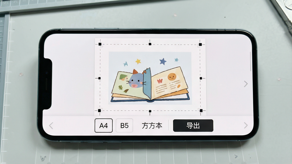 一张展示沉浸安静书DIY打印预览界面的图片,画面主体是手机屏幕,屏幕上显示着一个安静书页面的打印预览效果,页面四周有裁切标记线,下方有纸张尺寸选择栏显示“A4”“B5”“方方本”选项,旁边有一个醒目的“导出”按钮,背景是浅灰色工作台面,整体风格简洁实用,画质清晰干净,无多余装饰元素