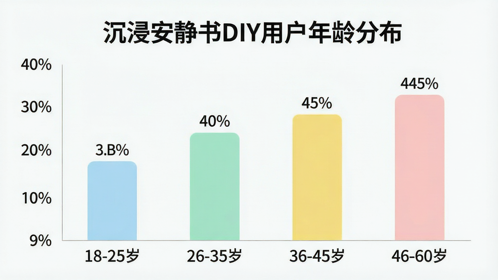 一张展示沉浸安静书DIY用户年龄分布的柱状图,图片主体是一个简洁的数据图表,横轴标注“18-25岁”“26-35岁”“36-45岁”“46-60岁”四个年龄段,纵轴标注人数占比百分比,柱状图颜色分别为浅蓝、薄荷绿、鹅黄、淡粉,每个柱子上方标注具体百分比数字,图表标题为“沉浸安静书DIY用户年龄分布”,整体风格扁平化,配色清新,文字清晰可读,画质干净无多余元素