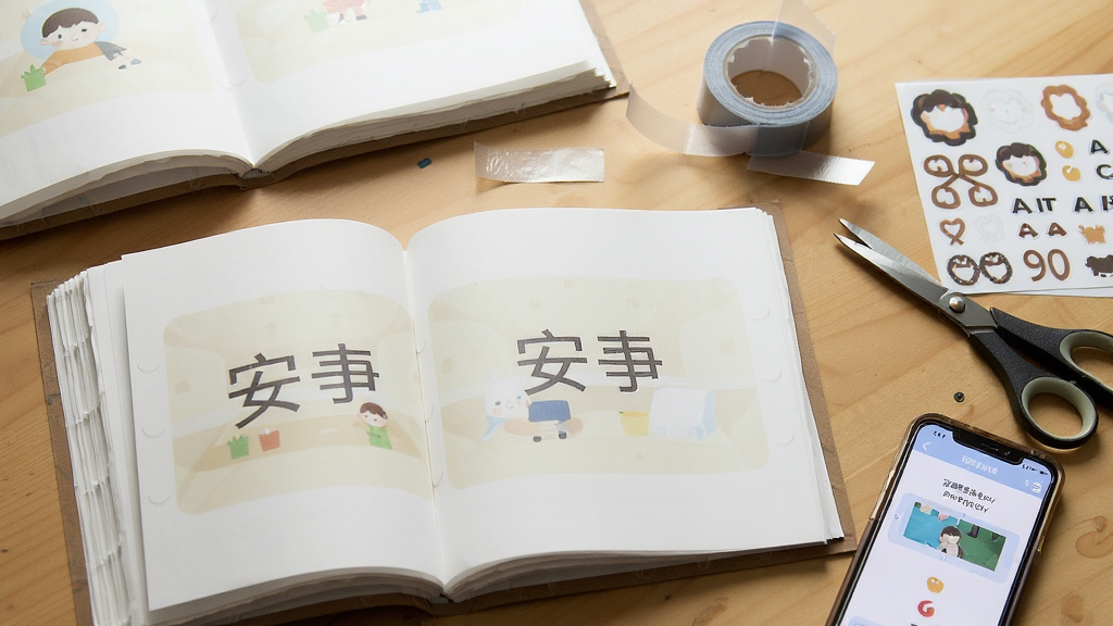 一张展示沉浸安静书DIY成品打印效果的图片,画面中是一张桌面俯拍图,桌面上平铺着几页打印好的安静书内页,纸张厚实边缘整齐,旁边放着一卷魔术贴、一把剪刀和几张贴纸素材,画面一角露出手机屏幕显示着沉浸安静书DIY的导出完成界面,整体光线明亮自然,风格生活化,画质清晰干净,无杂乱物品