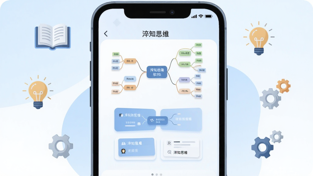 一张展示淬知思维软件核心界面的手机截图风格插画,画面中央是手机屏幕,屏幕里显示思维导图节点和逻辑训练卡片,背景是浅蓝白渐变,周围点缀书本、灯泡、齿轮等小图标,风格简洁现代扁平,布局清晰,细节圆润,画质干净,无多余元素,图片中文字标注“淬知思维”