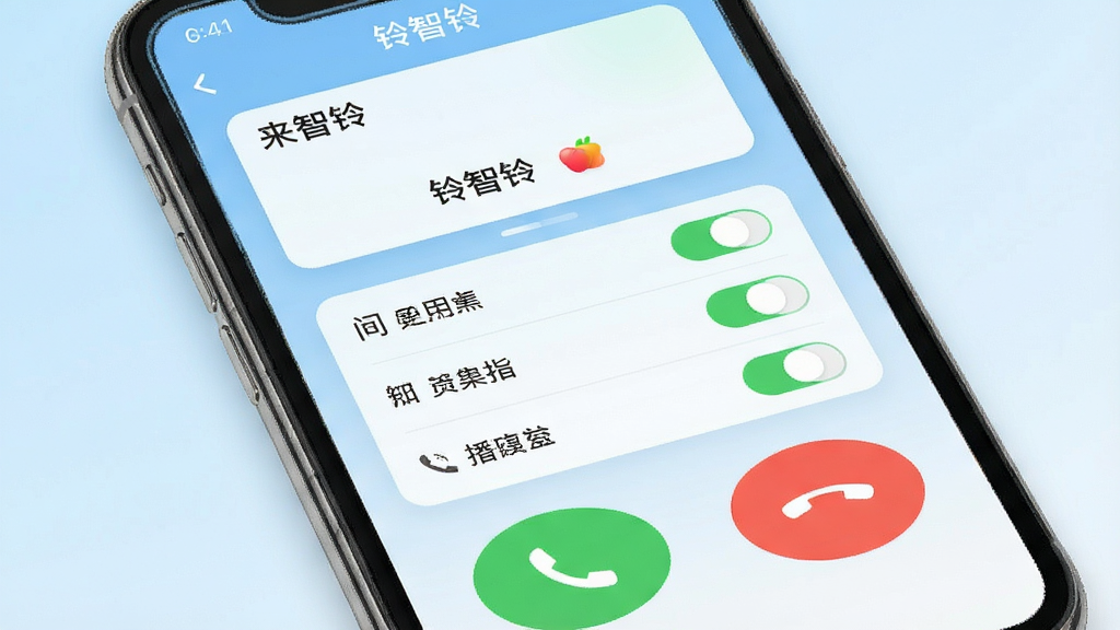 一张手机屏幕特写,画面中央是“铃智铃”App的主界面,顶部显示来电智能识别卡片,中间是简洁的功能开关列表,底部有醒目的接听与挂断大按钮,背景为浅蓝渐变,风格清爽现代,画质干净,无多余元素
