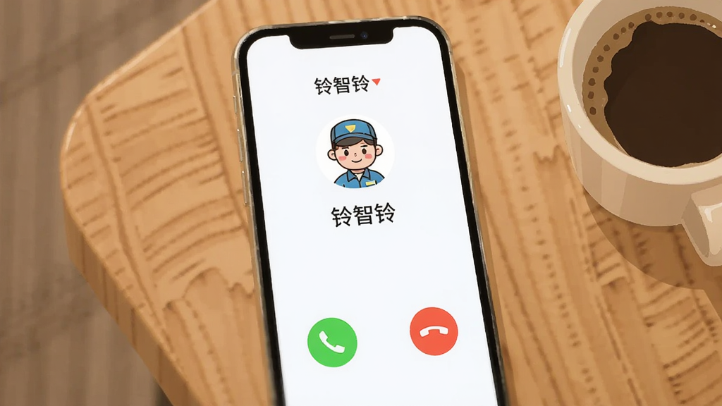 生图提示词:一部手机放在木纹桌面上,屏幕显示“铃智铃”的来电界面,上方有一个卡通风格的快递员头像标记,下方是绿色的接听按钮和红色的挂断按钮,旁边有一杯咖啡,画面温馨生活化,风格扁平插画,画质清晰干净