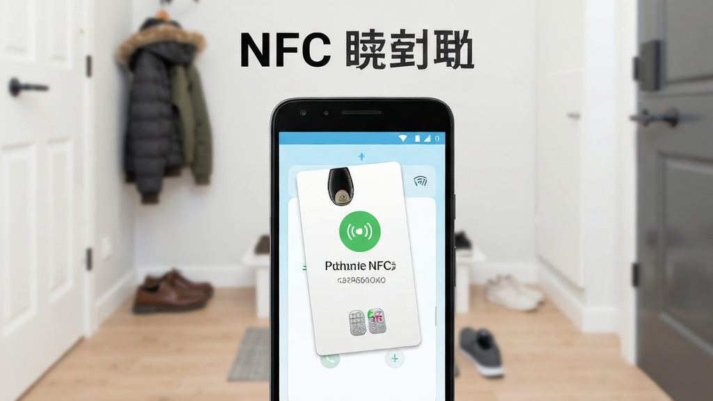 手机NFC读取软件主界面展示,画面中央是一部安卓手机贴近一张白色门禁卡,手机屏幕亮起显示读取成功界面,上方有手机NFC读取文字标识,背景是简约的室内玄关场景,布局清晰,风格现代扁平,细节干净,画质清晰无多余元素
