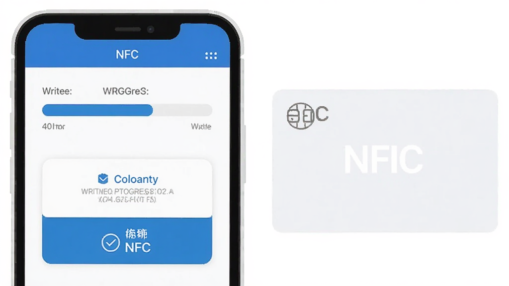 手机NFC读取写入功能界面,手机屏幕上显示写入进度条和确认提示框,旁边放着一张空白NFC卡片,界面配色以蓝白为主,布局清晰,风格扁平化设计,画质干净无多余元素